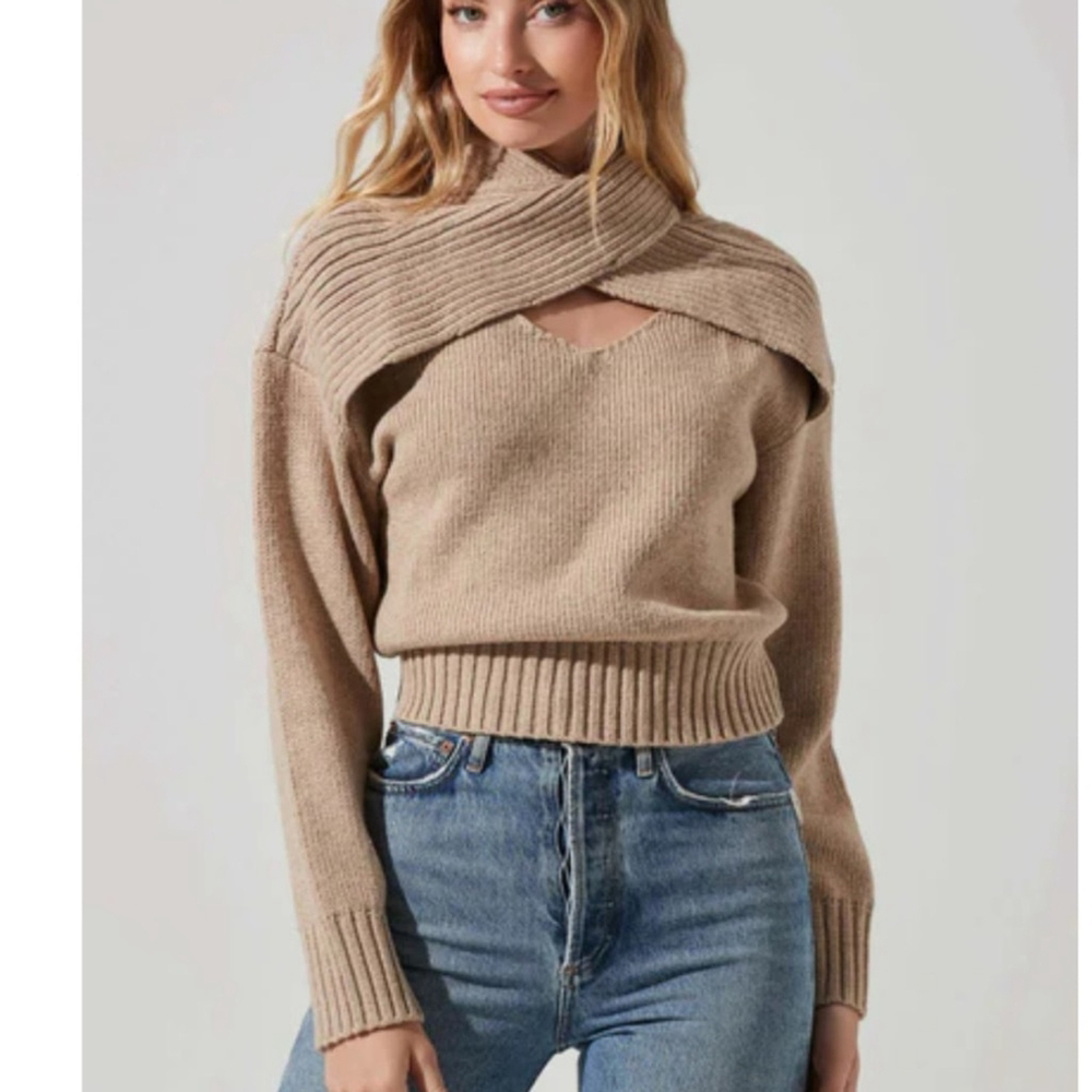 ASTR The Label Pearson Ribbed Bolero V Neck Sweater in Taupe Size Medium